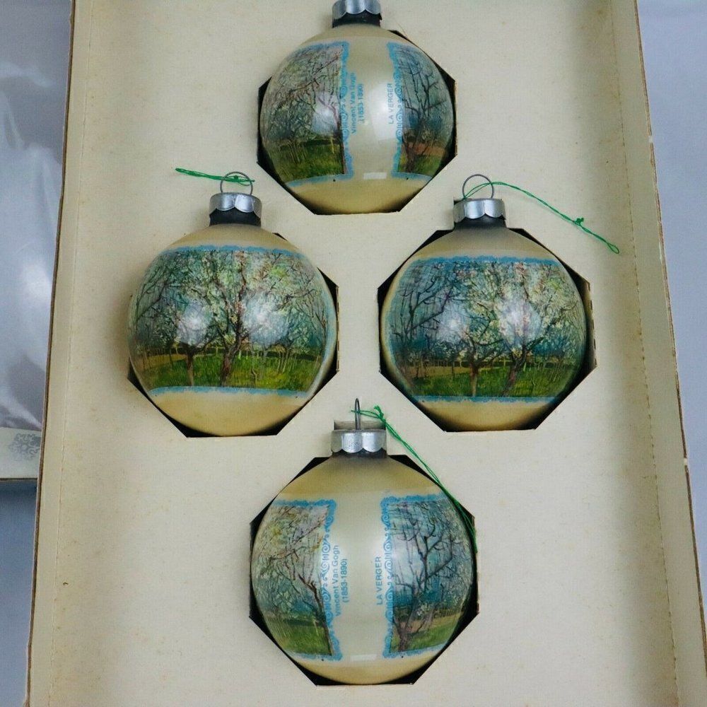 VTG Rare HTF Holly 4 Vincent Van Gogh La Verger Christmas Glass Ornaments USA